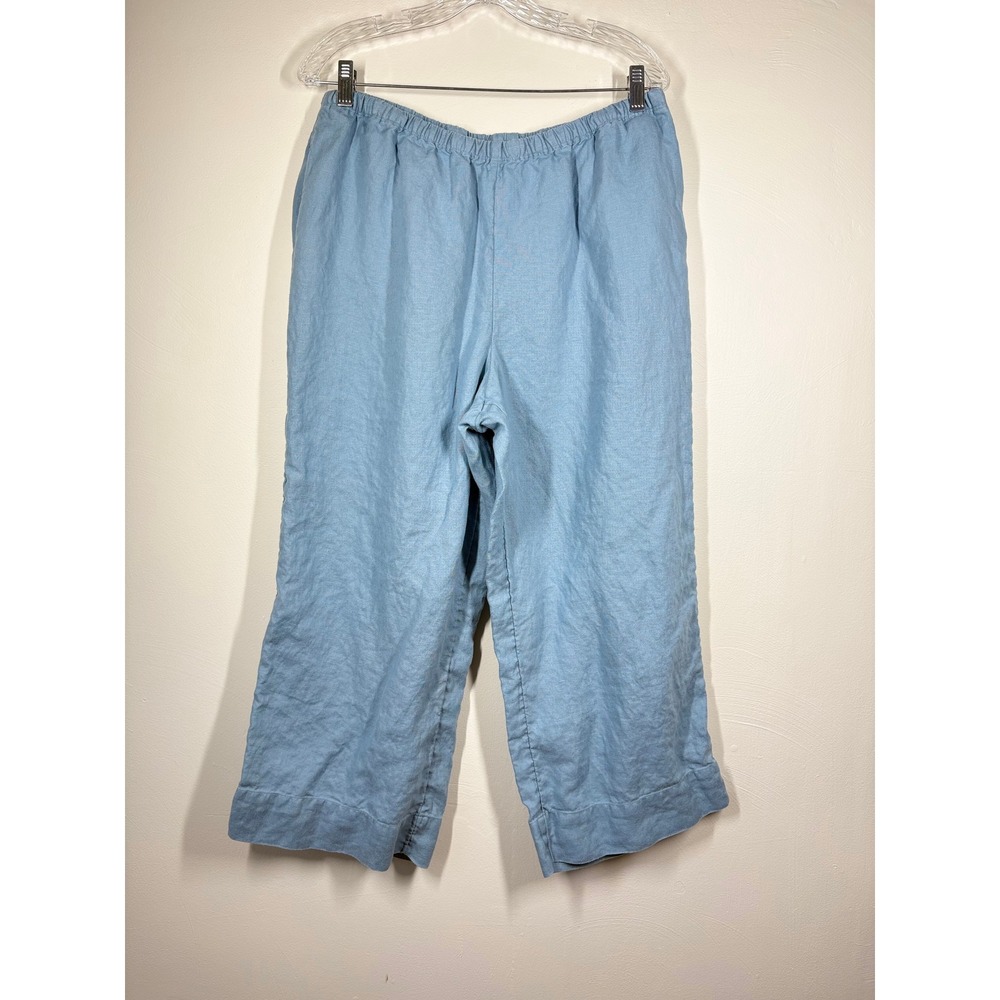 J. Jill Womens Pants Large Blue 100% Linen Wide Leg Cropped Coastal Grandmother